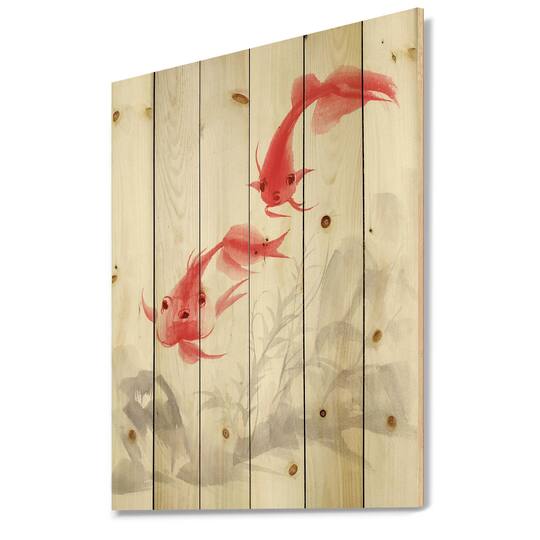 Designart - Vintage Gold Fishes - Nautical & Coastal Print on Natural Pine Wood